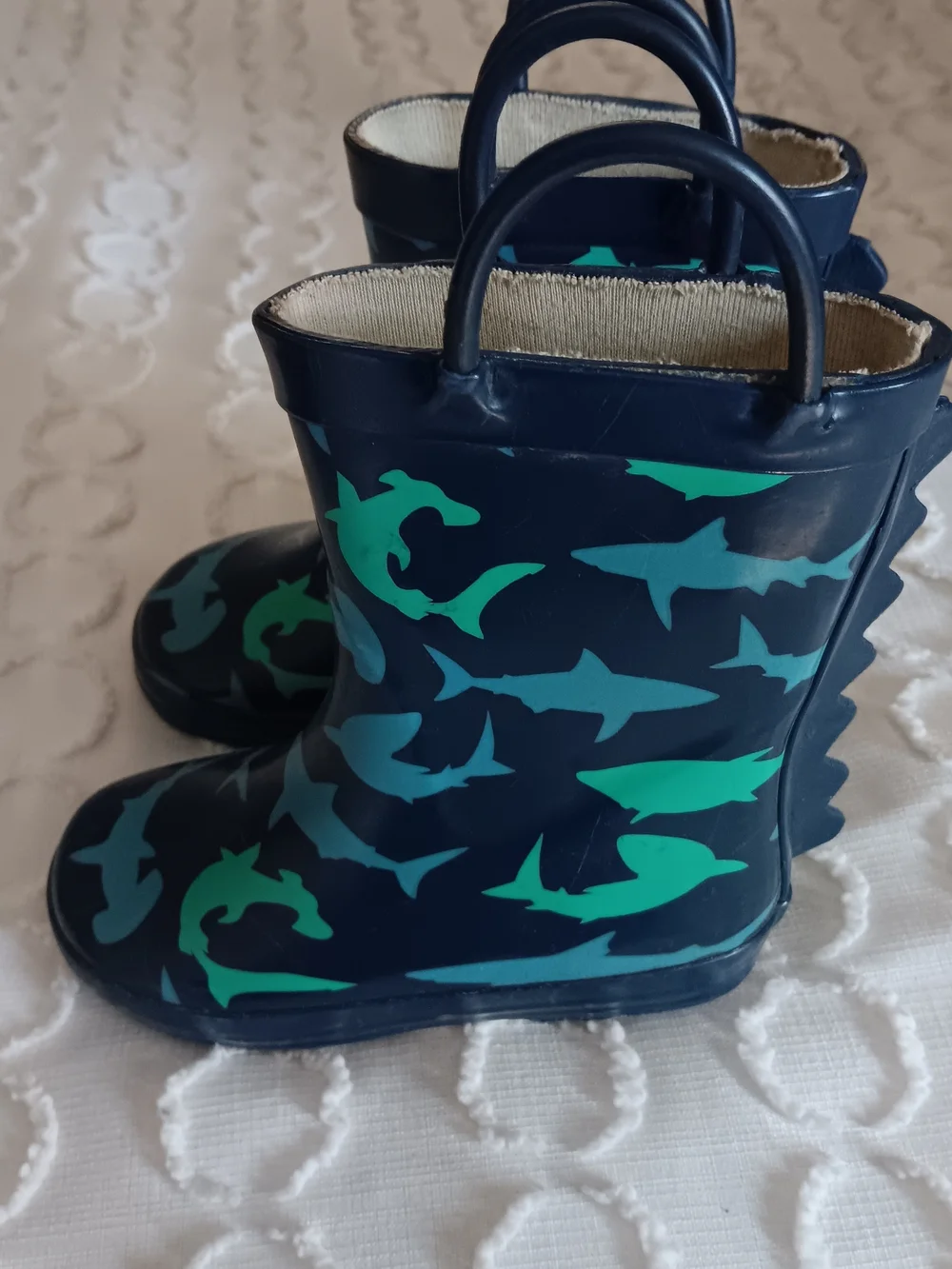 Kids Navy Shark Print Rain Boots with Handles